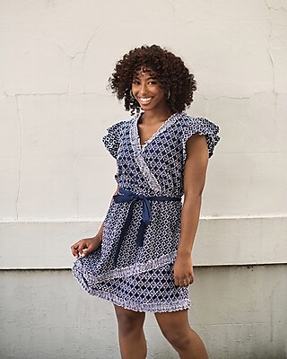 Printed Lace Trim Belted Wrap Dress | Express